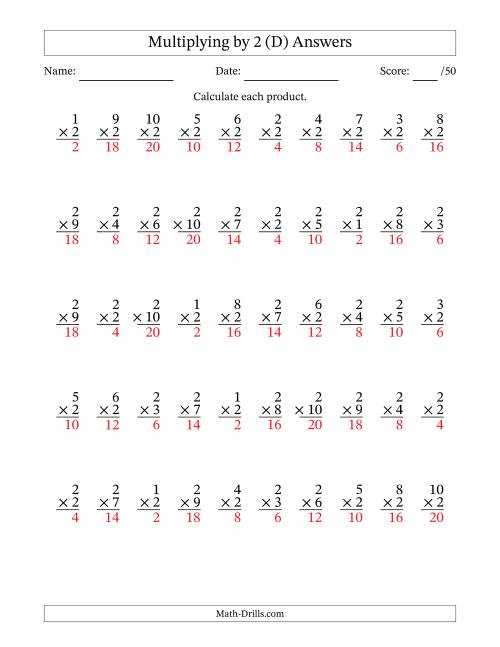 The Multiplying (1 to 10) by 2 (50 Questions) (D) Math Worksheet Page 2
