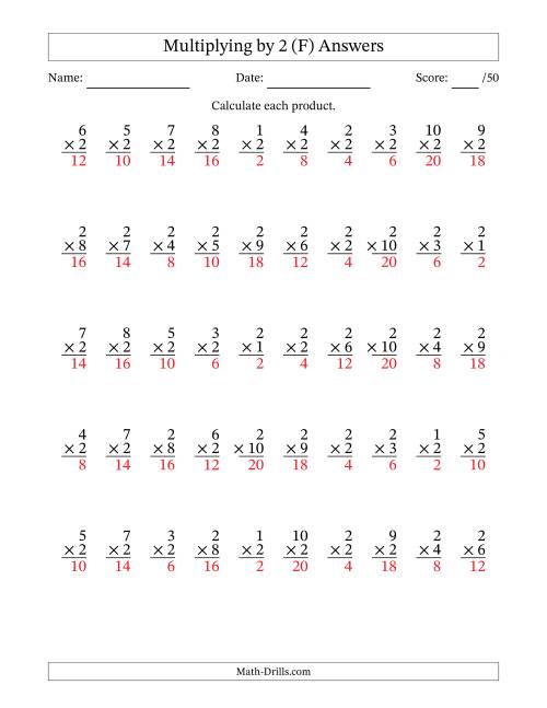 The Multiplying (1 to 10) by 2 (50 Questions) (F) Math Worksheet Page 2