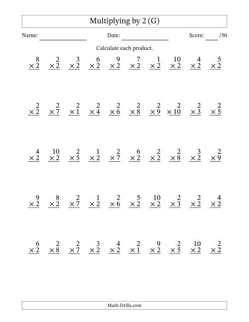 The Multiplying (1 to 10) by 2 (50 Questions) (G) Math Worksheet