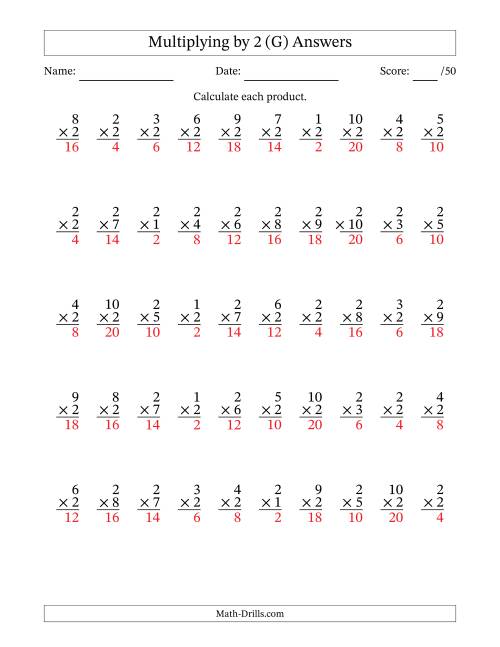 The Multiplying (1 to 10) by 2 (50 Questions) (G) Math Worksheet Page 2