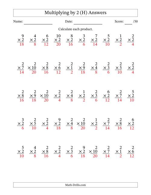 The Multiplying (1 to 10) by 2 (50 Questions) (H) Math Worksheet Page 2