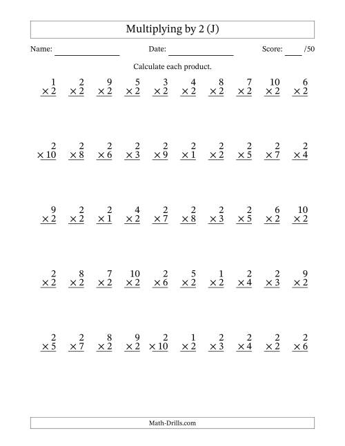 The Multiplying (1 to 10) by 2 (50 Questions) (J) Math Worksheet