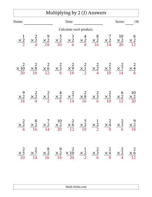 The Multiplying (1 to 10) by 2 (50 Questions) (J) Math Worksheet Page 2