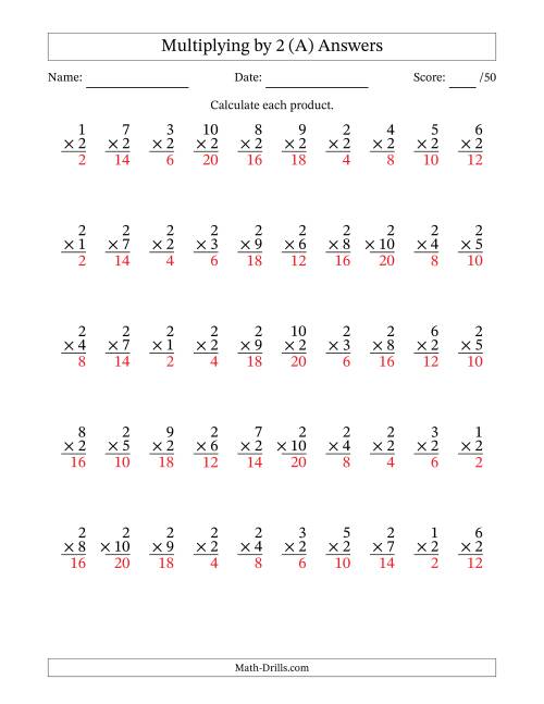 The Multiplying (1 to 10) by 2 (50 Questions) (All) Math Worksheet Page 2