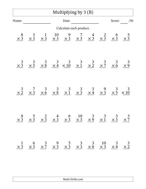 The Multiplying (1 to 10) by 3 (50 Questions) (B) Math Worksheet