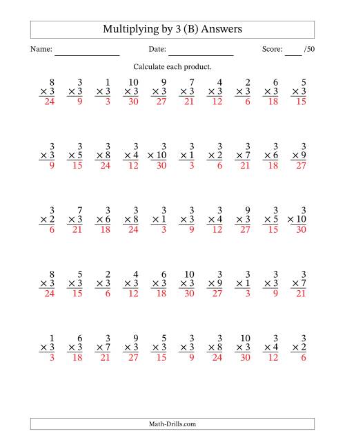 The Multiplying (1 to 10) by 3 (50 Questions) (B) Math Worksheet Page 2