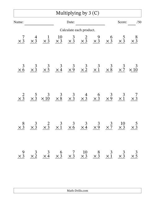 The Multiplying (1 to 10) by 3 (50 Questions) (C) Math Worksheet