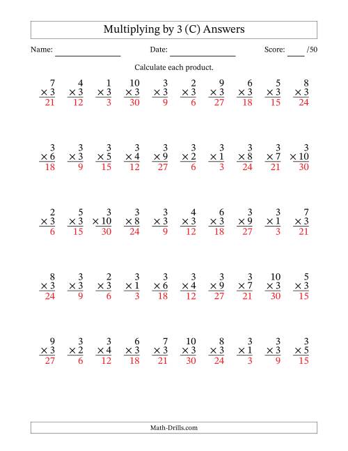 The Multiplying (1 to 10) by 3 (50 Questions) (C) Math Worksheet Page 2