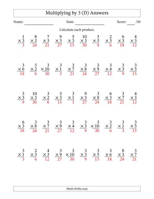 The Multiplying (1 to 10) by 3 (50 Questions) (D) Math Worksheet Page 2