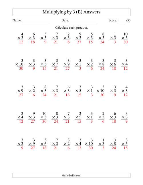 The Multiplying (1 to 10) by 3 (50 Questions) (E) Math Worksheet Page 2