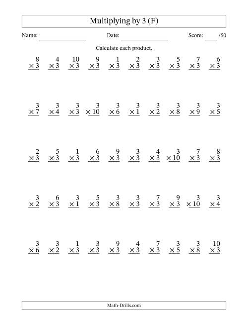 The Multiplying (1 to 10) by 3 (50 Questions) (F) Math Worksheet