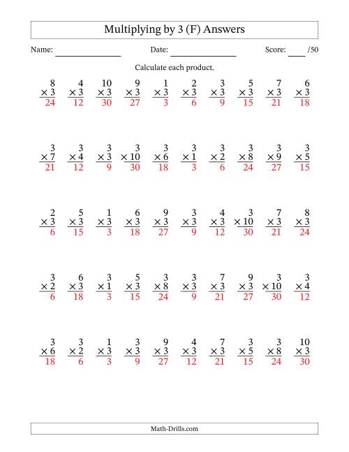 The Multiplying (1 to 10) by 3 (50 Questions) (F) Math Worksheet Page 2
