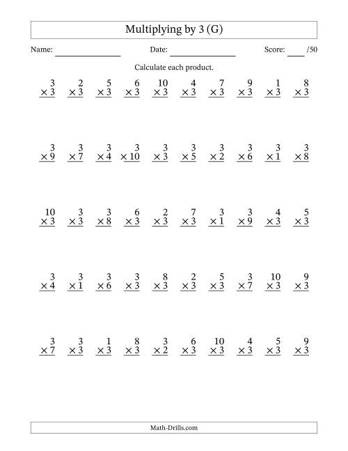 The Multiplying (1 to 10) by 3 (50 Questions) (G) Math Worksheet