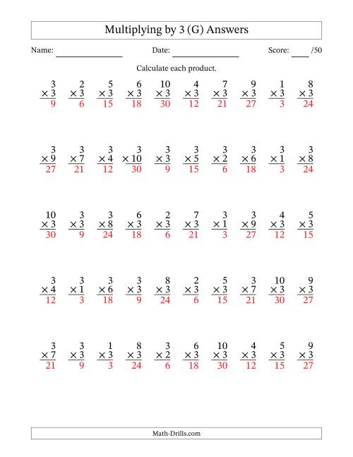 The Multiplying (1 to 10) by 3 (50 Questions) (G) Math Worksheet Page 2