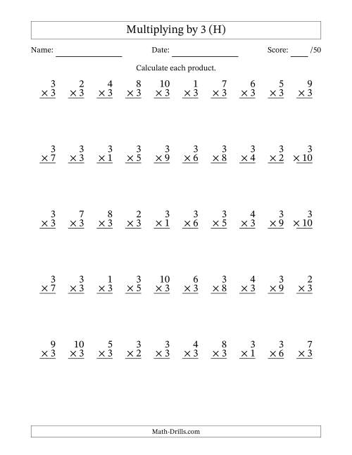 The Multiplying (1 to 10) by 3 (50 Questions) (H) Math Worksheet