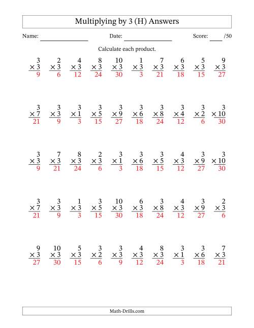 The Multiplying (1 to 10) by 3 (50 Questions) (H) Math Worksheet Page 2