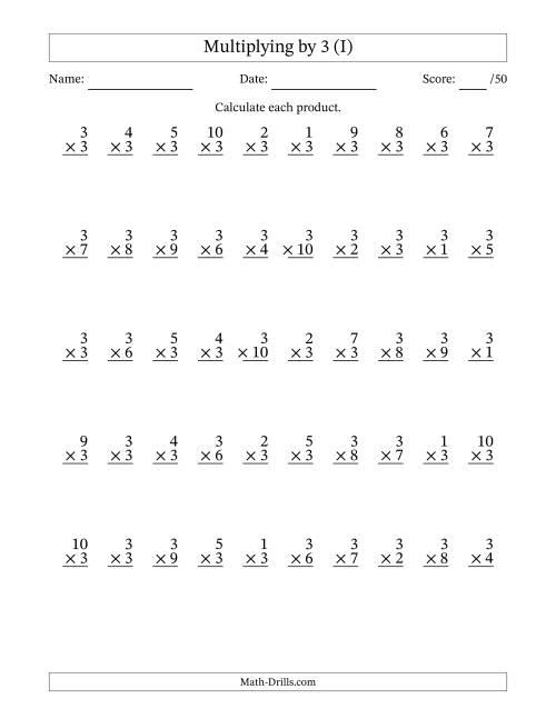 The Multiplying (1 to 10) by 3 (50 Questions) (I) Math Worksheet