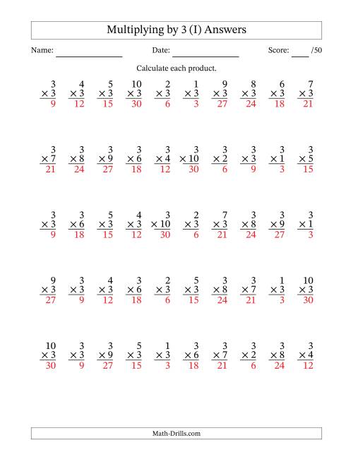 The Multiplying (1 to 10) by 3 (50 Questions) (I) Math Worksheet Page 2