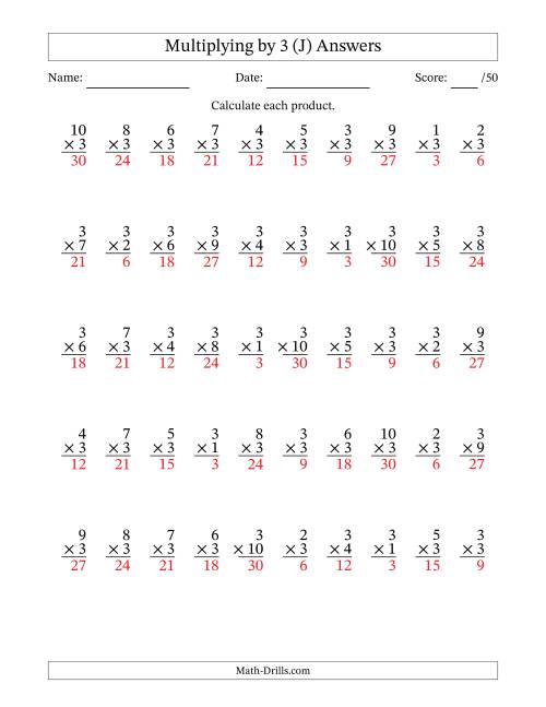 The Multiplying (1 to 10) by 3 (50 Questions) (J) Math Worksheet Page 2
