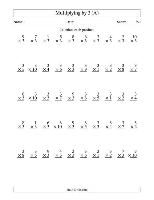 The Multiplying (1 to 10) by 3 (50 Questions) (All) Math Worksheet