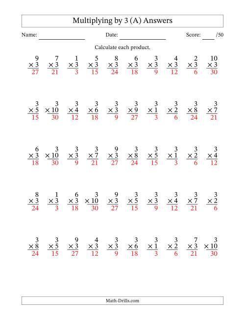 The Multiplying (1 to 10) by 3 (50 Questions) (All) Math Worksheet Page 2