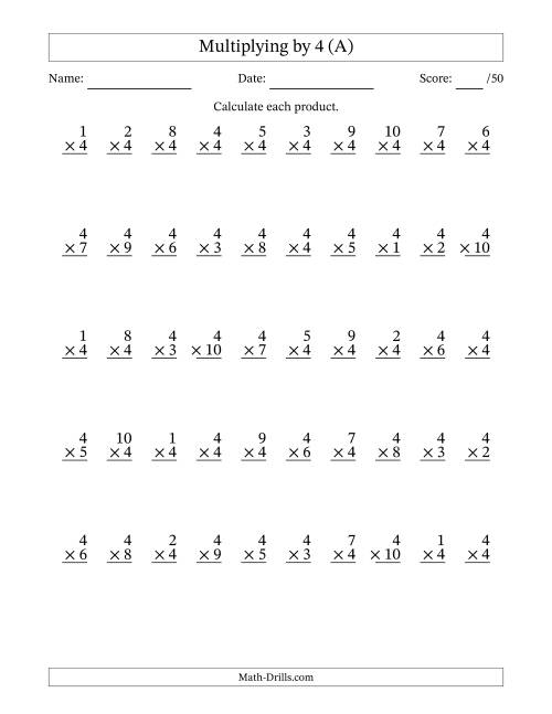 The Multiplying (1 to 10) by 4 (50 Questions) (A) Math Worksheet
