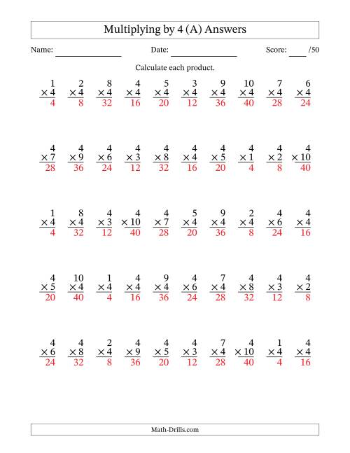 The Multiplying (1 to 10) by 4 (50 Questions) (A) Math Worksheet Page 2