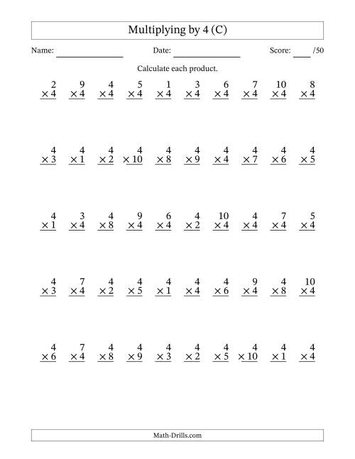 The Multiplying (1 to 10) by 4 (50 Questions) (C) Math Worksheet
