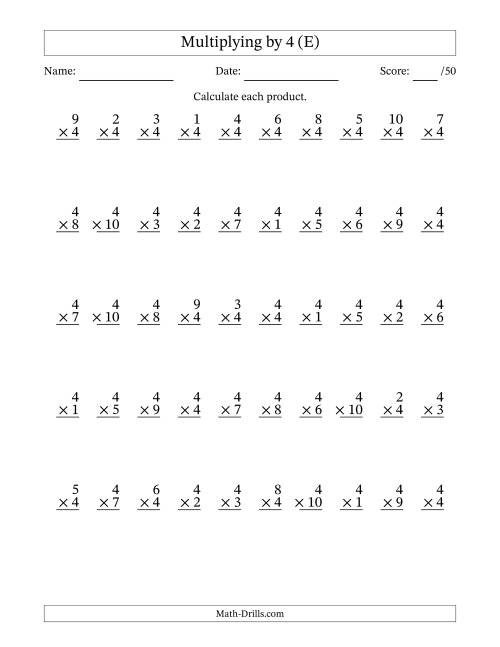 The Multiplying (1 to 10) by 4 (50 Questions) (E) Math Worksheet