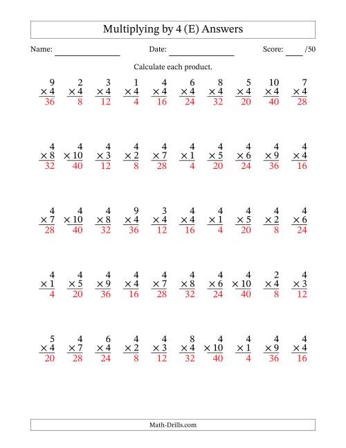 The Multiplying (1 to 10) by 4 (50 Questions) (E) Math Worksheet Page 2