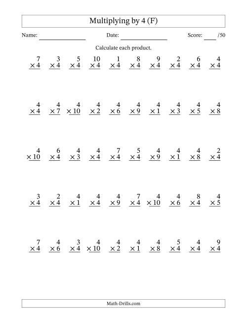 The Multiplying (1 to 10) by 4 (50 Questions) (F) Math Worksheet