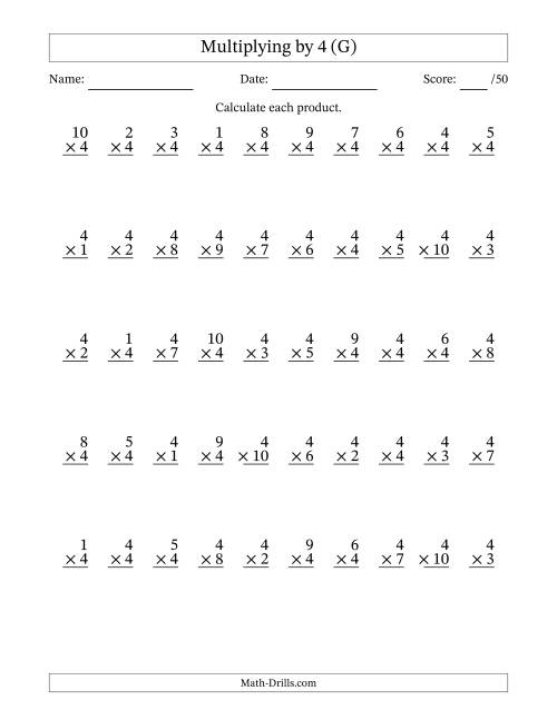 The Multiplying (1 to 10) by 4 (50 Questions) (G) Math Worksheet
