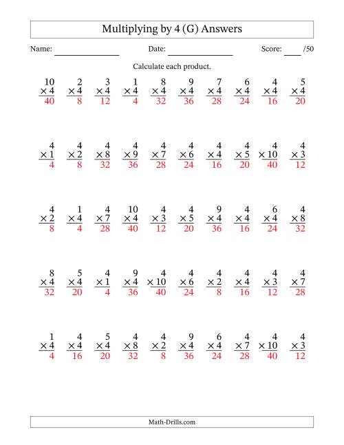 The Multiplying (1 to 10) by 4 (50 Questions) (G) Math Worksheet Page 2