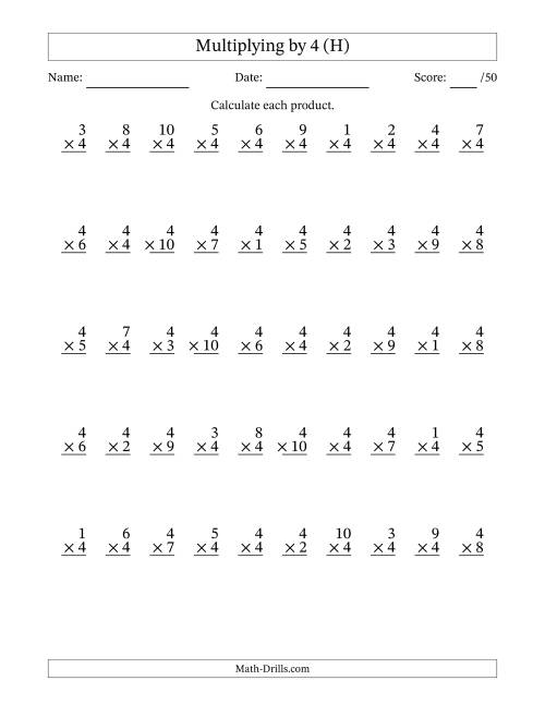 The Multiplying (1 to 10) by 4 (50 Questions) (H) Math Worksheet