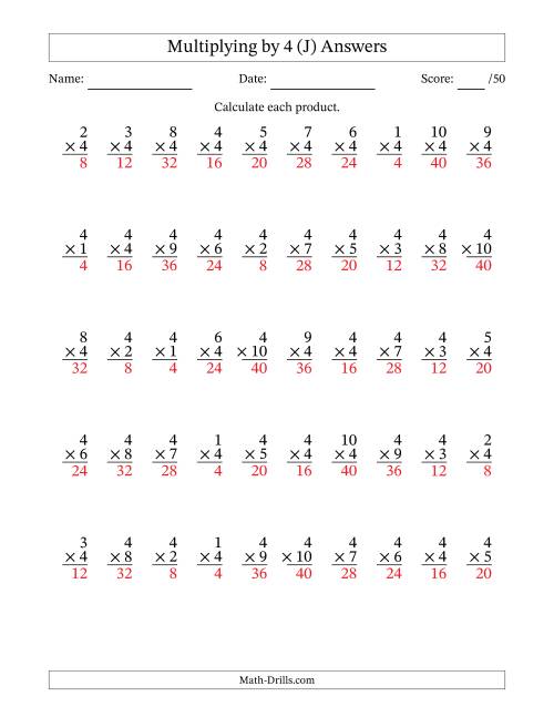 The Multiplying (1 to 10) by 4 (50 Questions) (J) Math Worksheet Page 2