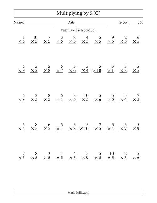 The Multiplying (1 to 10) by 5 (50 Questions) (C) Math Worksheet