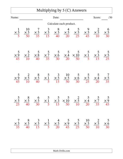 The Multiplying (1 to 10) by 5 (50 Questions) (C) Math Worksheet Page 2
