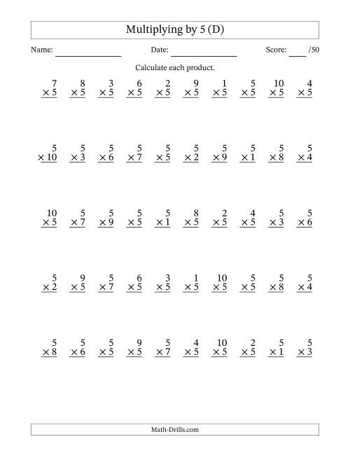 The Multiplying (1 to 10) by 5 (50 Questions) (D) Math Worksheet