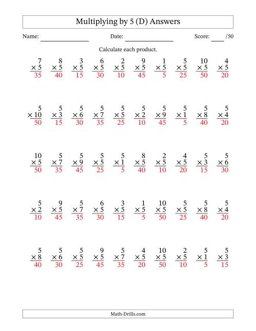 The Multiplying (1 to 10) by 5 (50 Questions) (D) Math Worksheet Page 2
