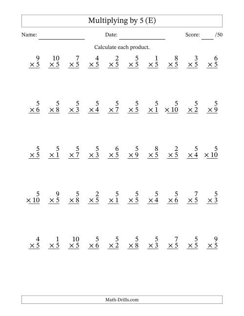 The Multiplying (1 to 10) by 5 (50 Questions) (E) Math Worksheet