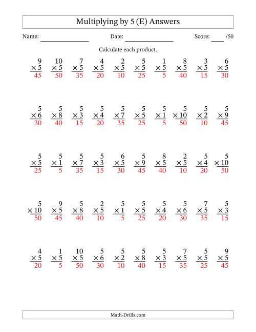 The Multiplying (1 to 10) by 5 (50 Questions) (E) Math Worksheet Page 2