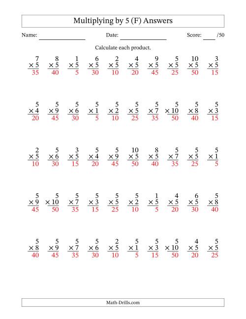 The Multiplying (1 to 10) by 5 (50 Questions) (F) Math Worksheet Page 2