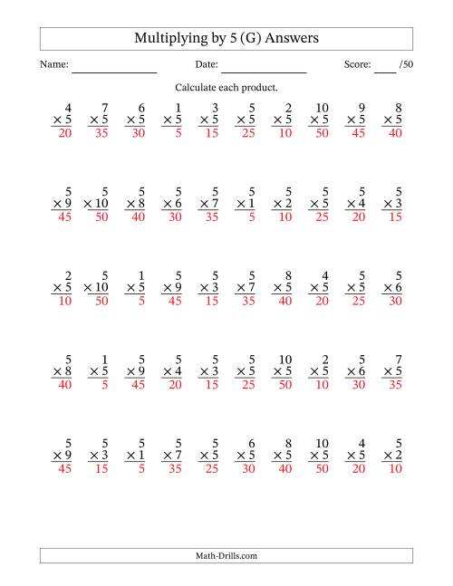 The Multiplying (1 to 10) by 5 (50 Questions) (G) Math Worksheet Page 2