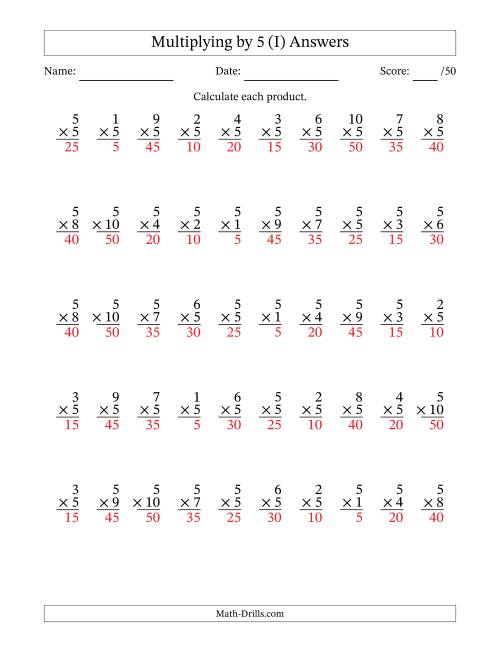 The Multiplying (1 to 10) by 5 (50 Questions) (I) Math Worksheet Page 2
