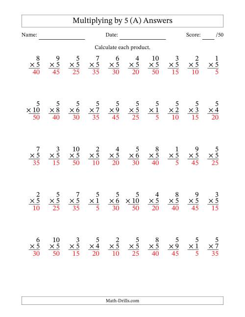 The Multiplying (1 to 10) by 5 (50 Questions) (All) Math Worksheet Page 2