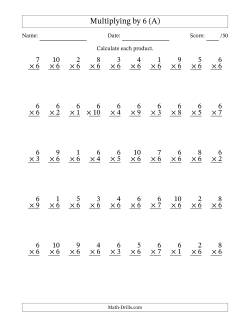 Multiplying (1 to 10) by 6 (50 Questions)