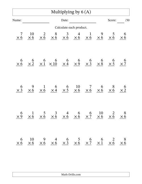 The Multiplying (1 to 10) by 6 (50 Questions) (A) Math Worksheet