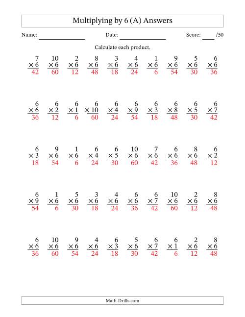 The Multiplying (1 to 10) by 6 (50 Questions) (A) Math Worksheet Page 2