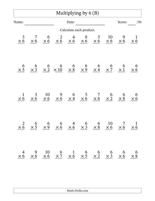 The Multiplying (1 to 10) by 6 (50 Questions) (B) Math Worksheet