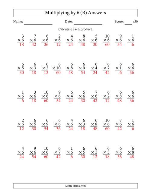 The Multiplying (1 to 10) by 6 (50 Questions) (B) Math Worksheet Page 2